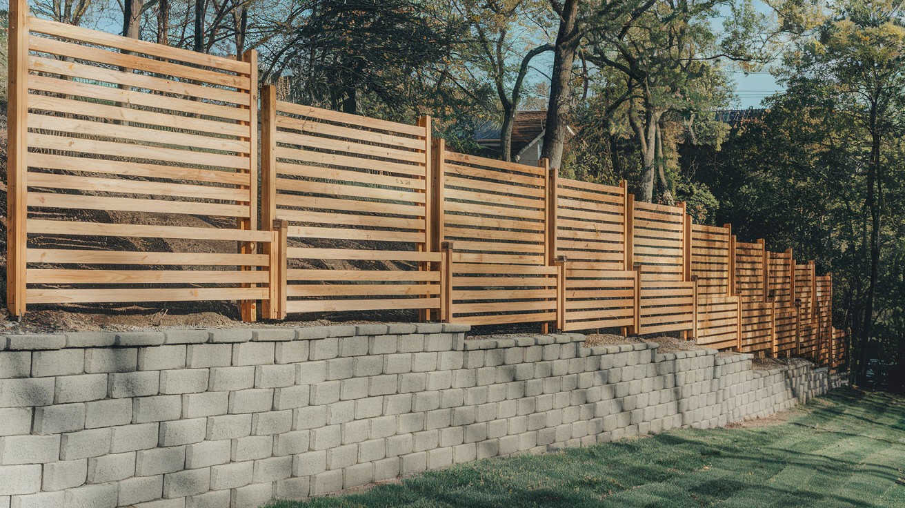 Tall Horizontal Fence with Offset Levels for Steeper Grades