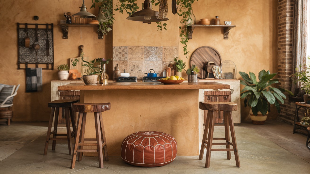 Use a Moroccan pouf as extra kitchen seating