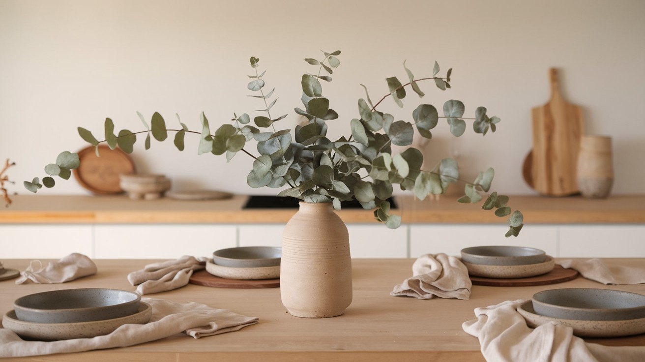  Use eucalyptus branches in a clay vase
