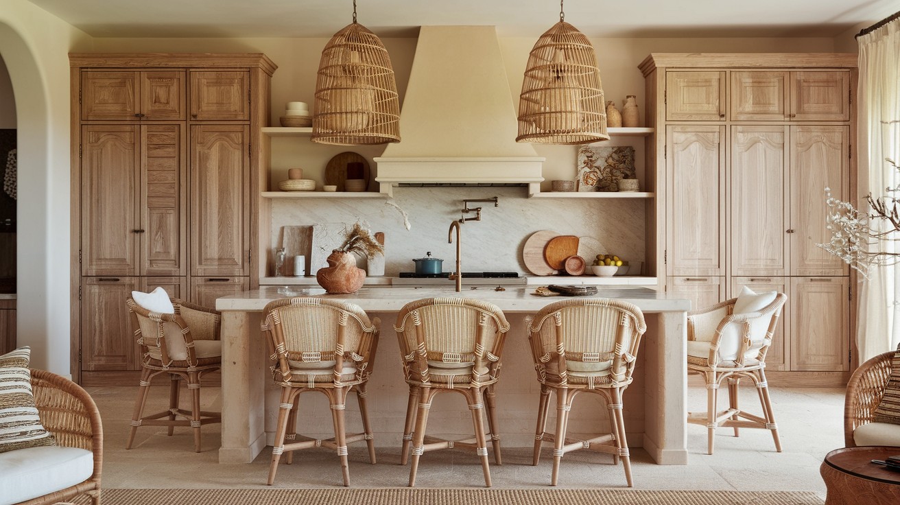 Use mismatched vintage chairs around an island