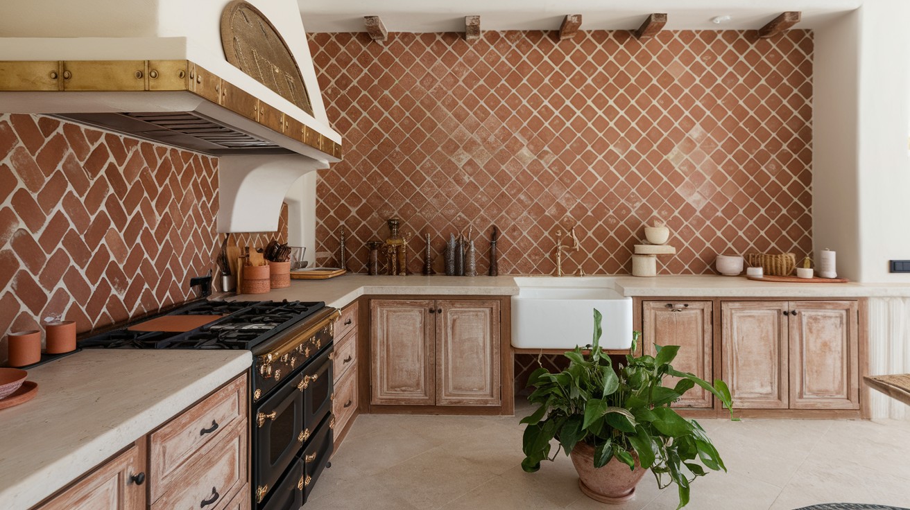 Use terracotta tile in a herringbone pattern
