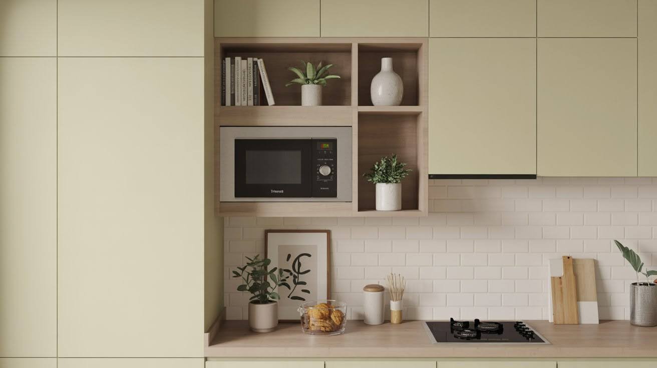 Microwave Cabinet with Open Shelf Above