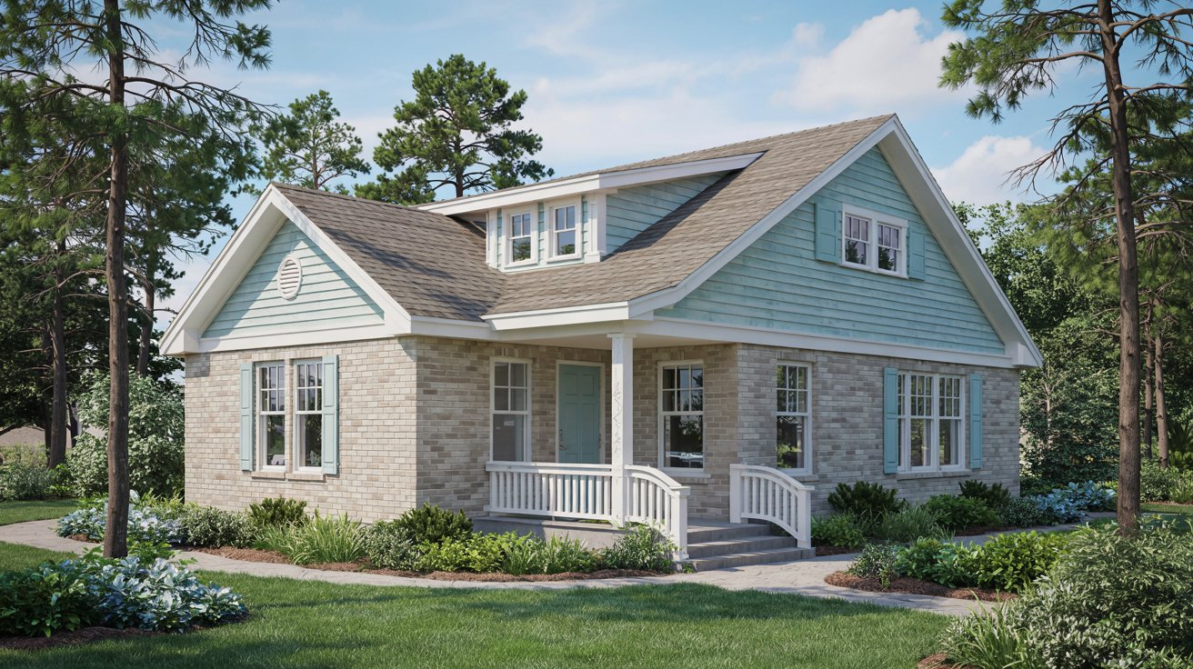 Tan Brick with Blue Vinyl Siding