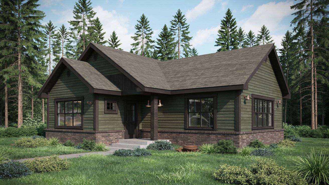 Brown Brick with Olive or Moss Green Vinyl Siding