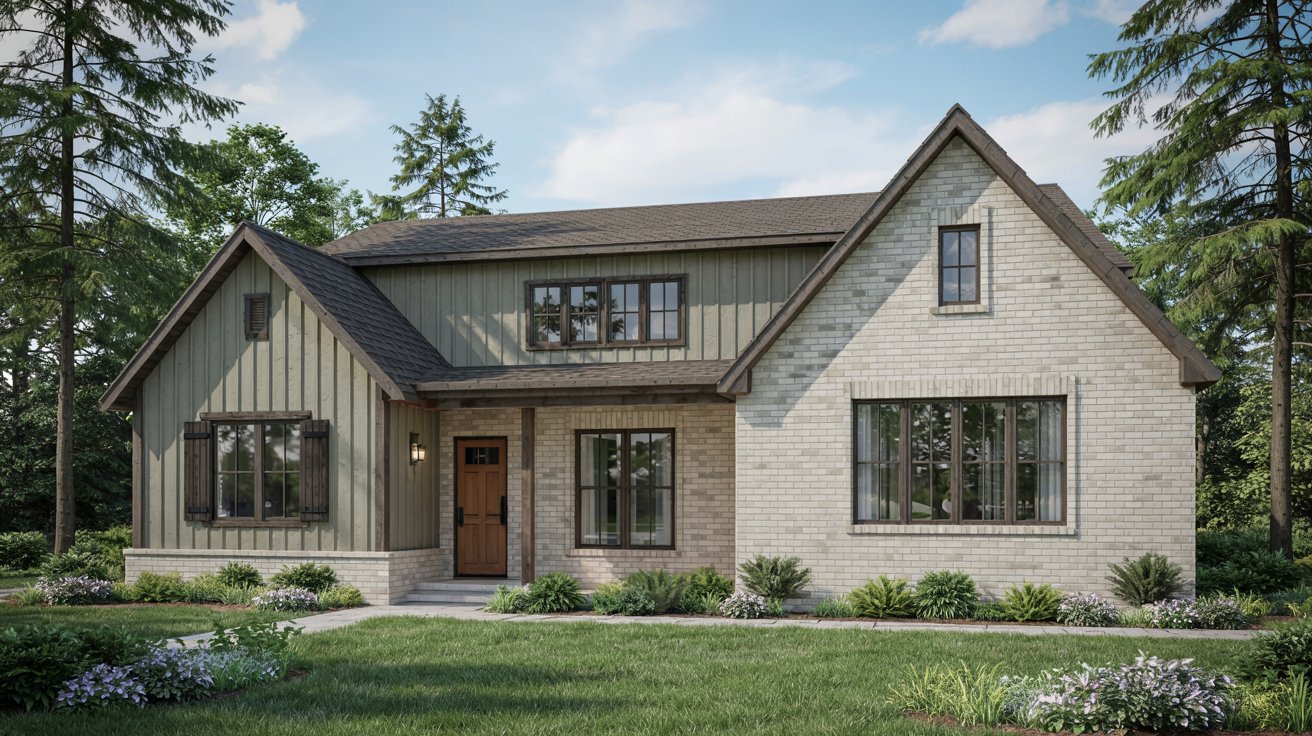 White Brick with Sage Green Vinyl Siding