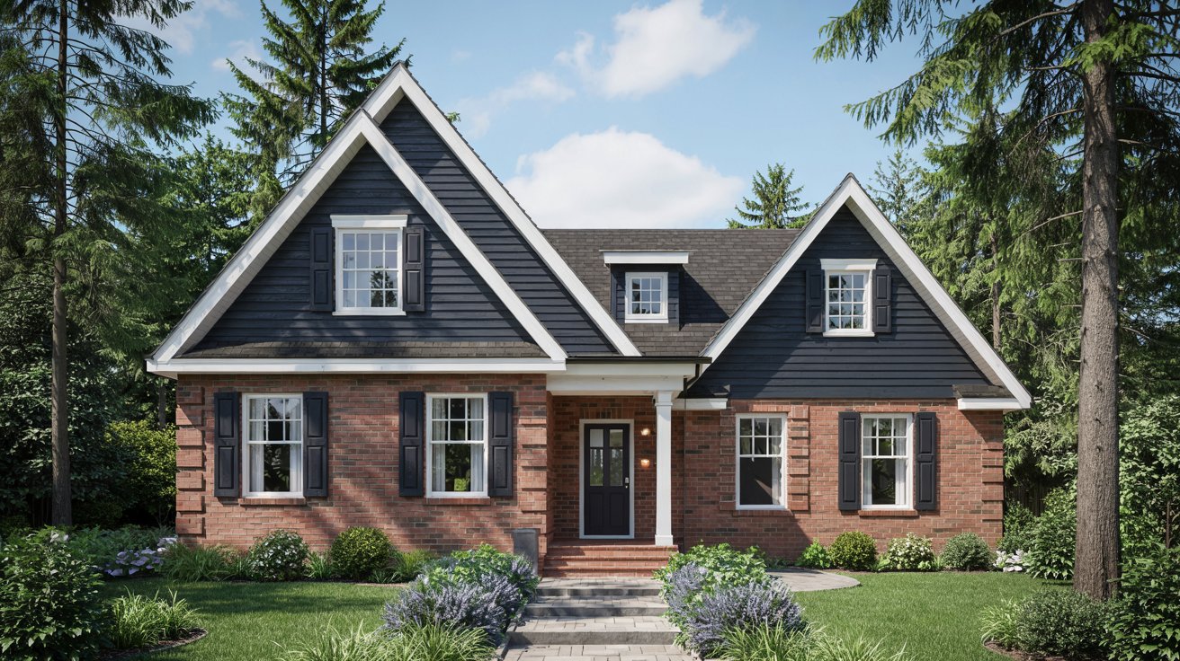 Red Brick with Navy Vinyl Siding