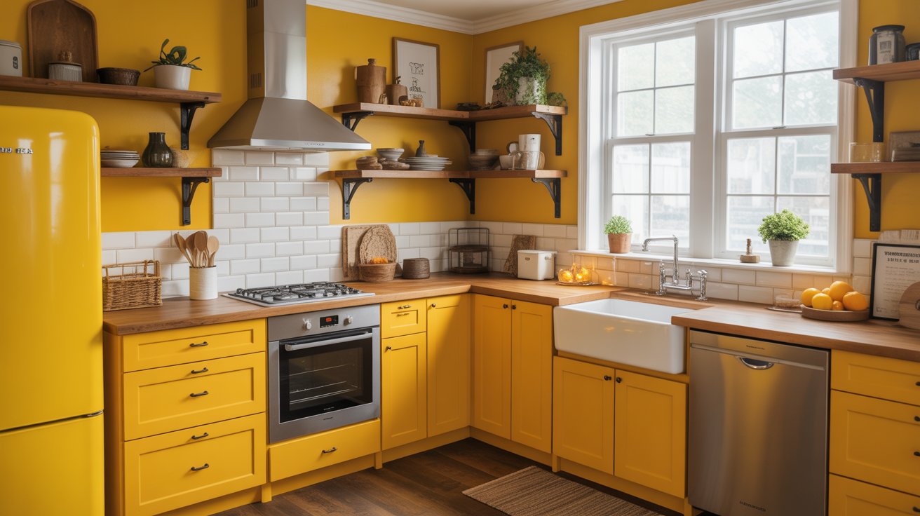 Bold Yellow Kitchen with Mixed Vintage and Modern Farmhouse Elements