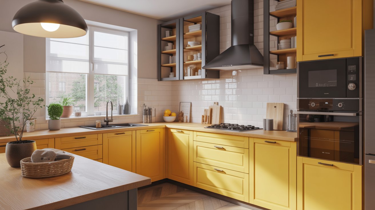Bright Yellow Cabinets with Natural Wood Countertops