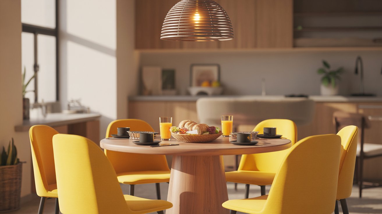 Bright Yellow Chairs Around a Wooden Breakfast Table