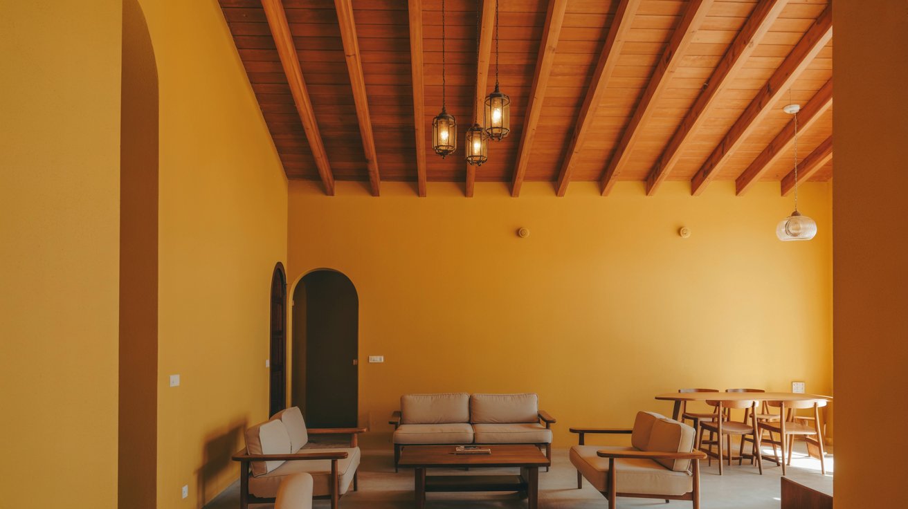 Golden Yellow Walls with Exposed Wooden Beams