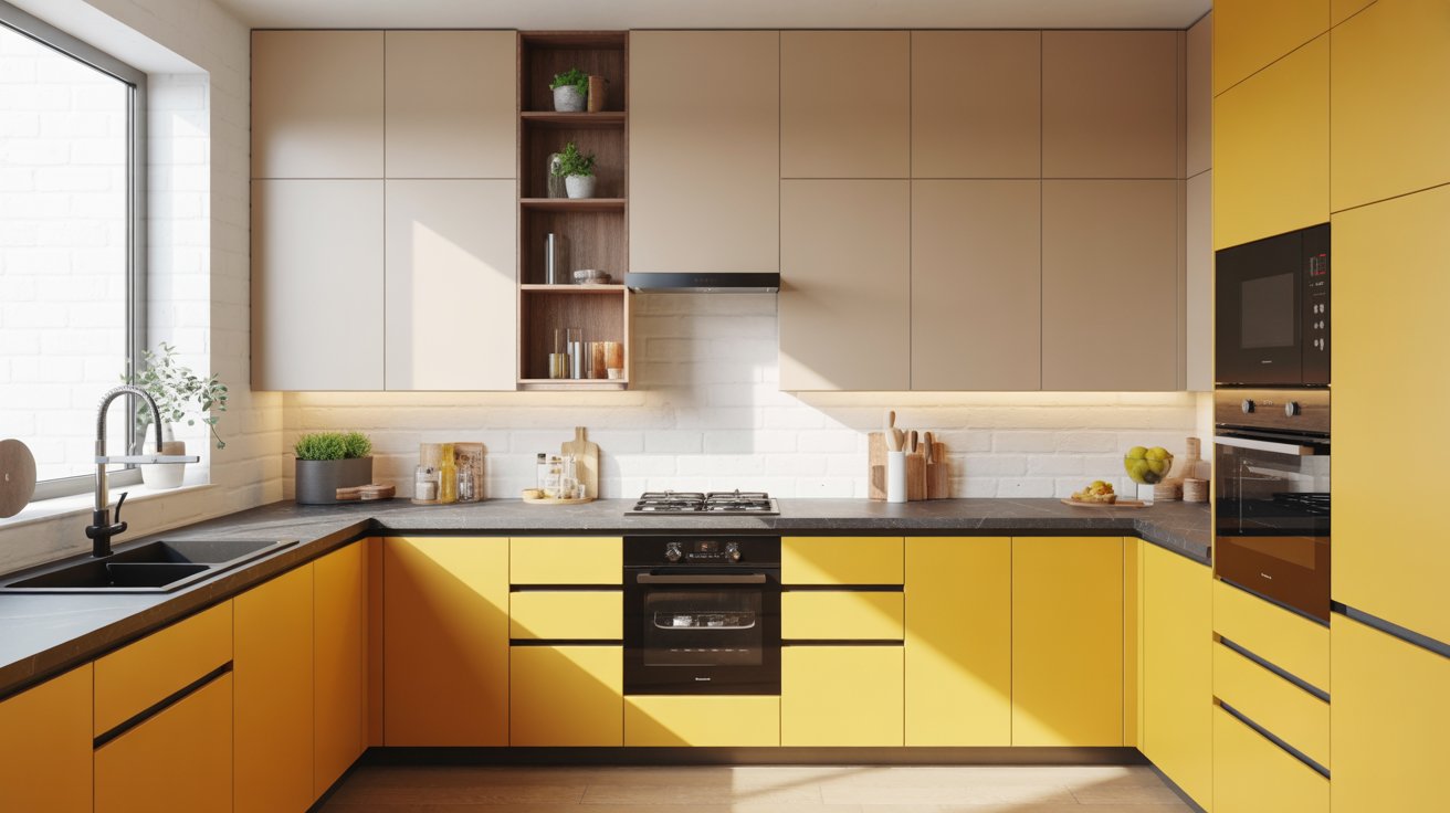 Mustard Yellow Lower Cabinets with Neutral Upper Cabinet