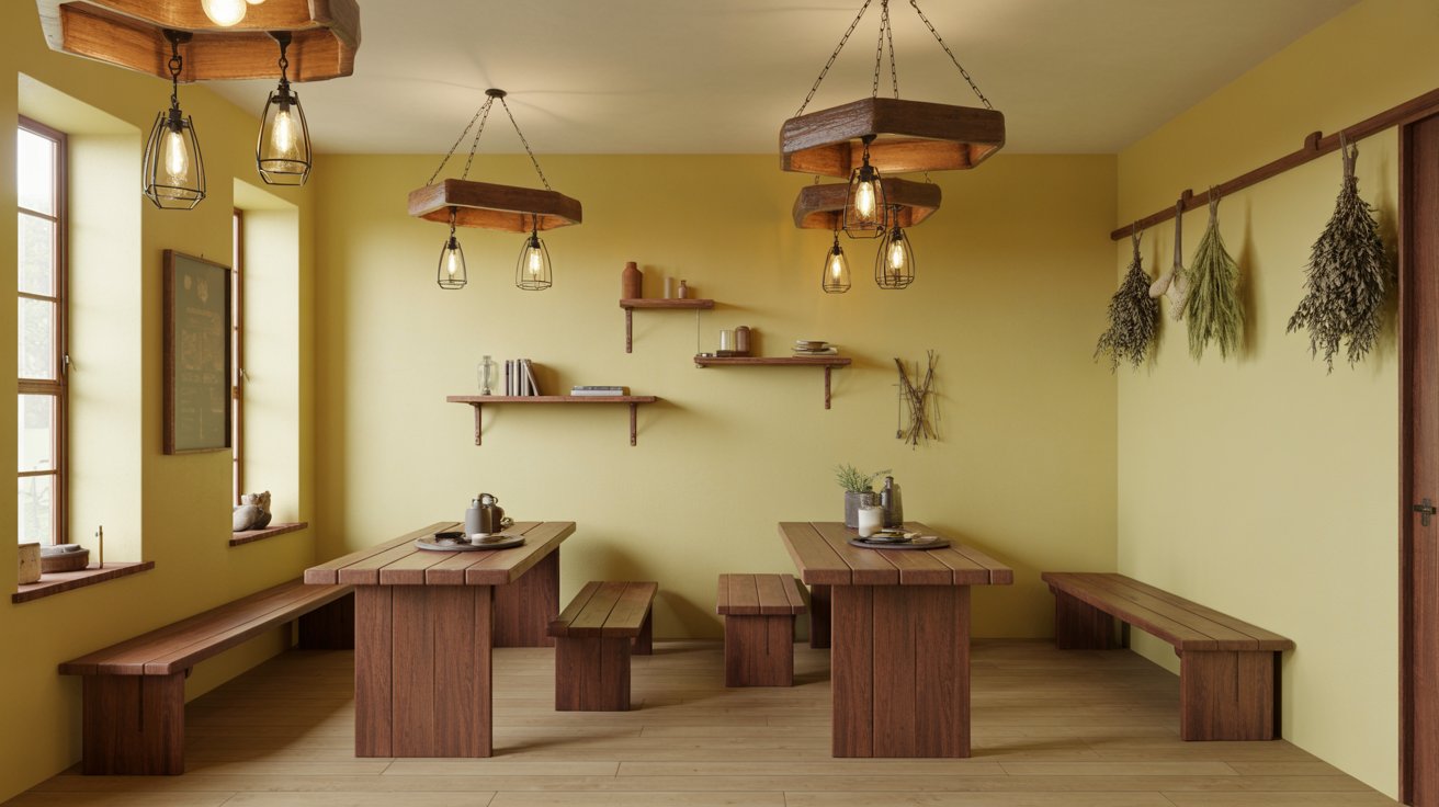 Pale Yellow Walls Paired with Rustic Lighting Fixtures