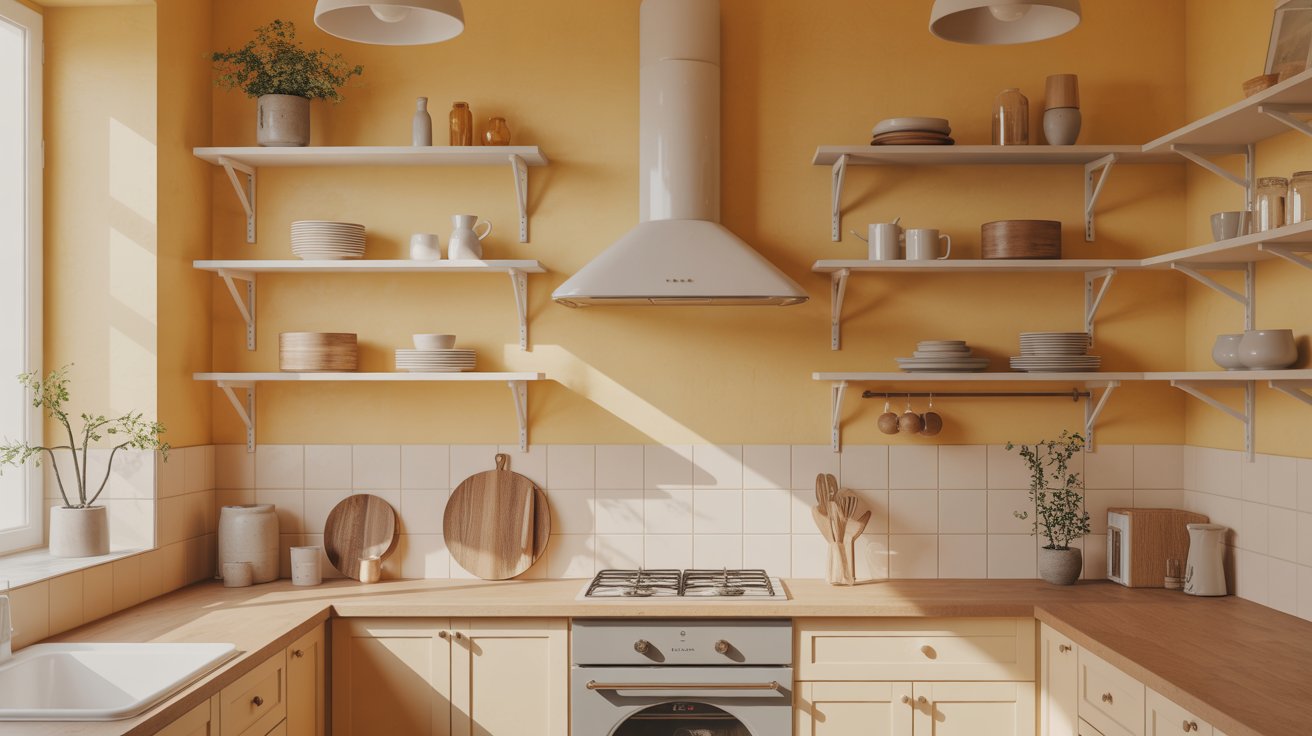 Soft Buttery Yellow Walls with Open Shelving for Dishes