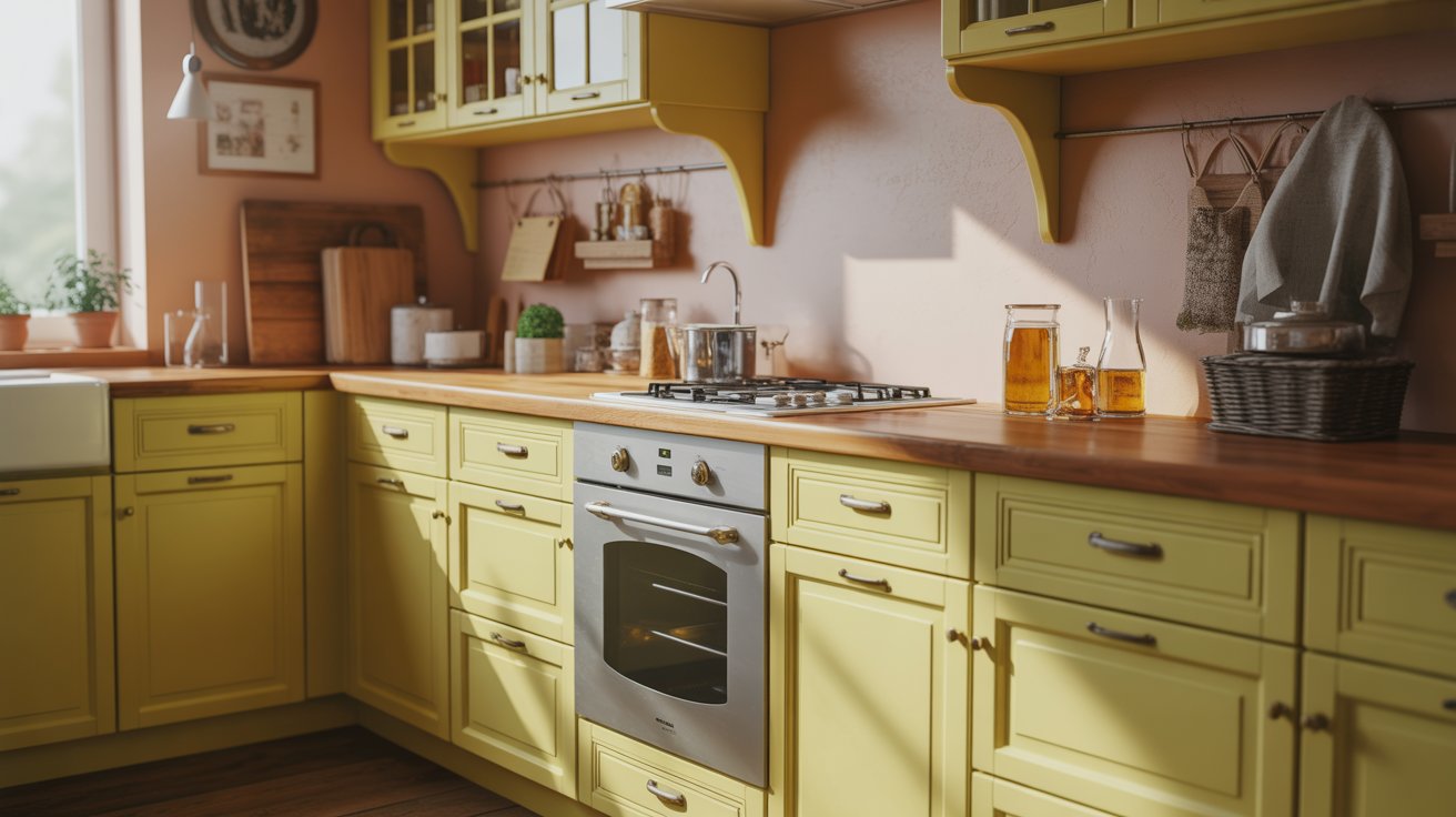 Soft Pastel Yellow Cabinets with Rustic Handles