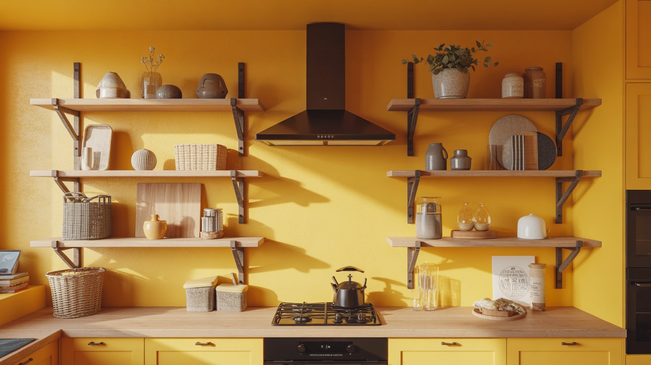 Sunflower Yellow Walls with Open Wooden Shelves