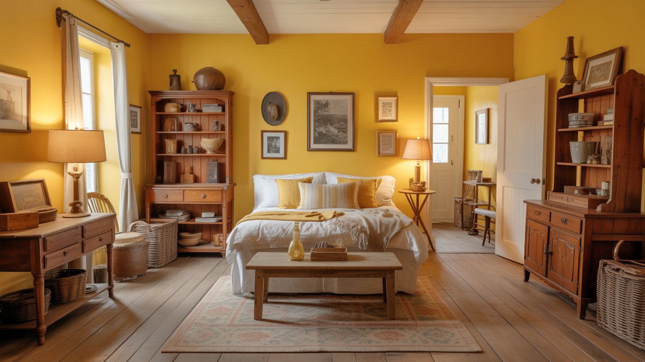 Vibrant Yellow Walls Combined with Farmhouse Décor Elements