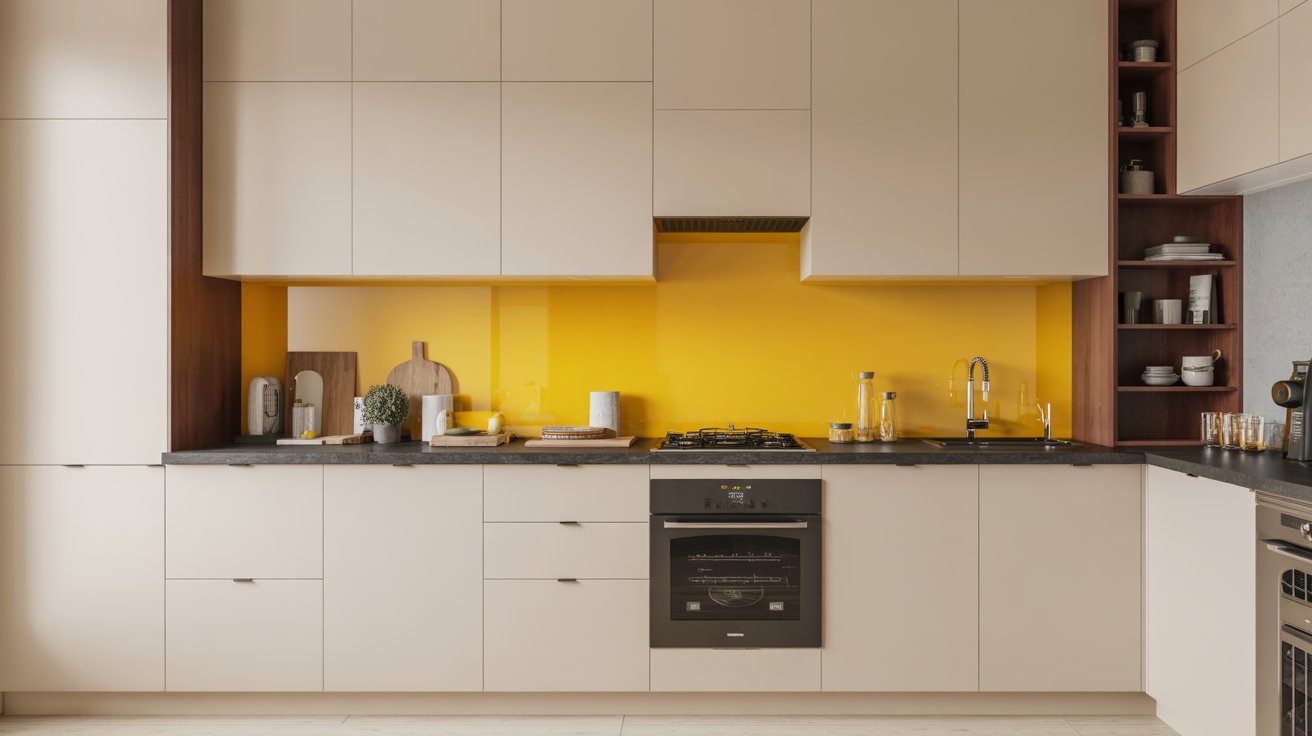 Yellow Backsplash Paired with White Cabinetry