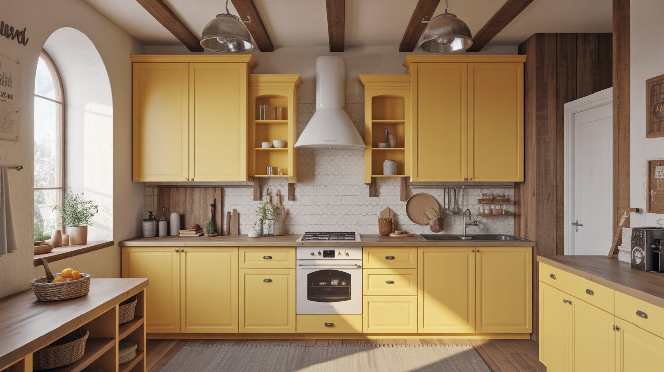 Yellow Cabinetry with Tiled Backsplash for Rustic Texture