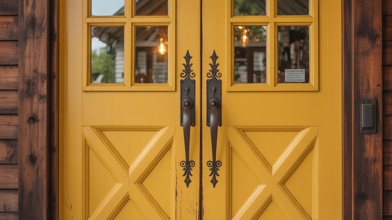 Yellow Doors with Wrought Iron Farmhouse Handles