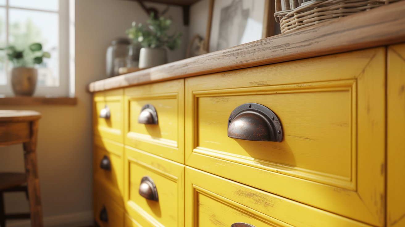 Yellow Drawers with Farmhouse Style Handles