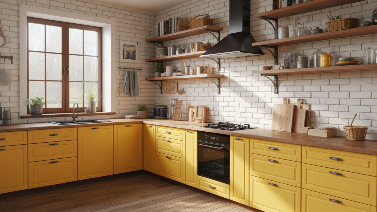 Yellow Drawers with Wooden Countertops and Rustic Shelving