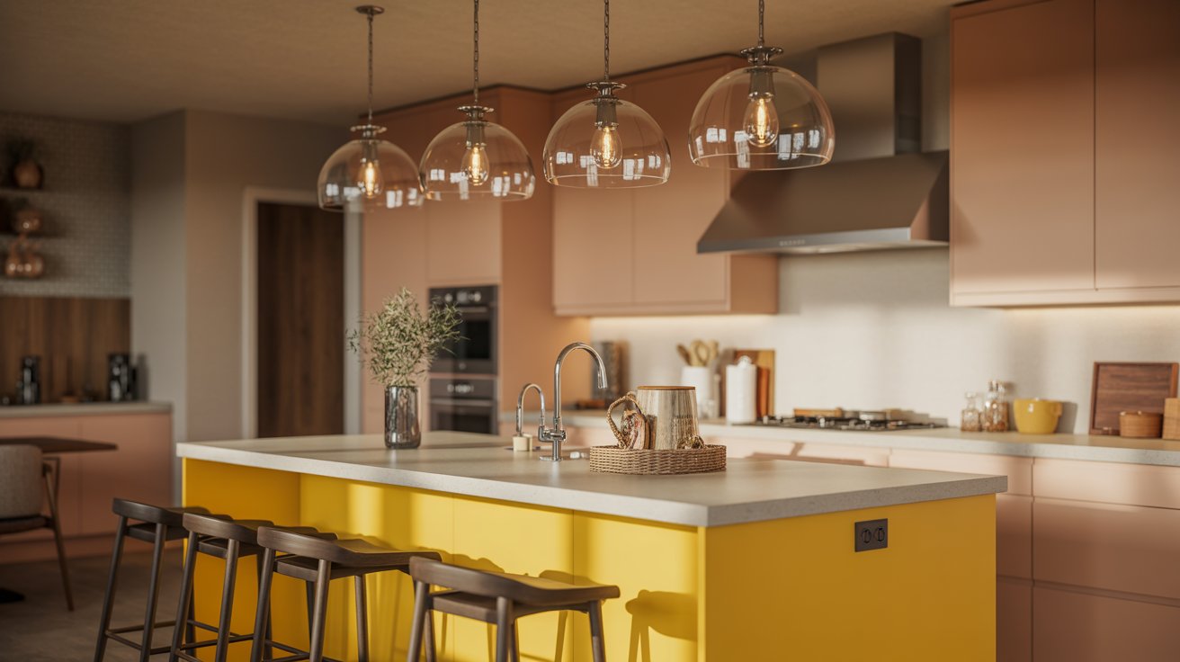 Yellow Kitchen Island with Hanging Farmhouse Pendant Lights