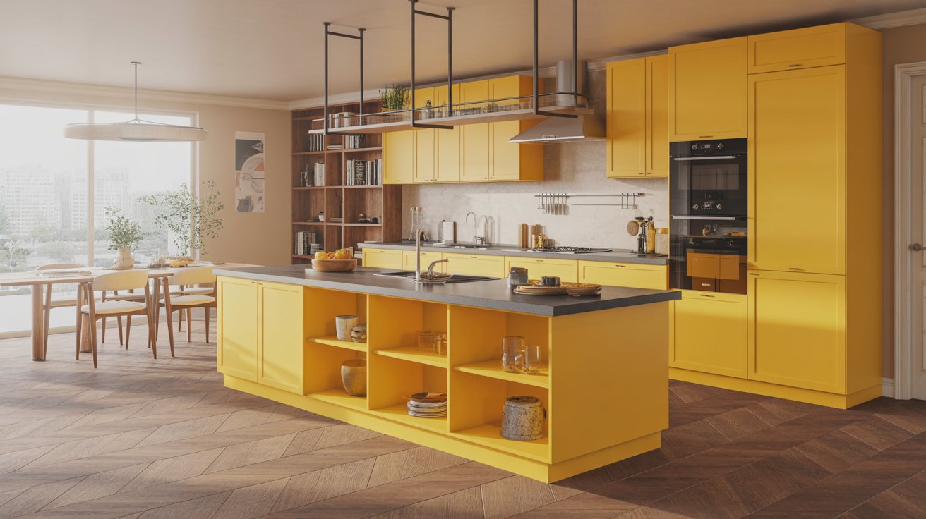 Yellow Kitchen Island with Storage Shelves Underneath