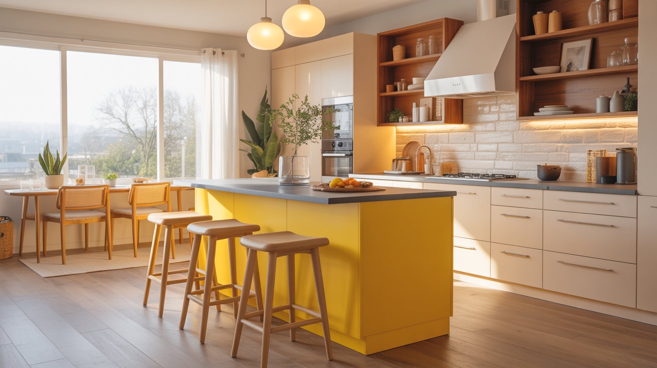 Yellow Kitchen Island with Wooden Bar Stools