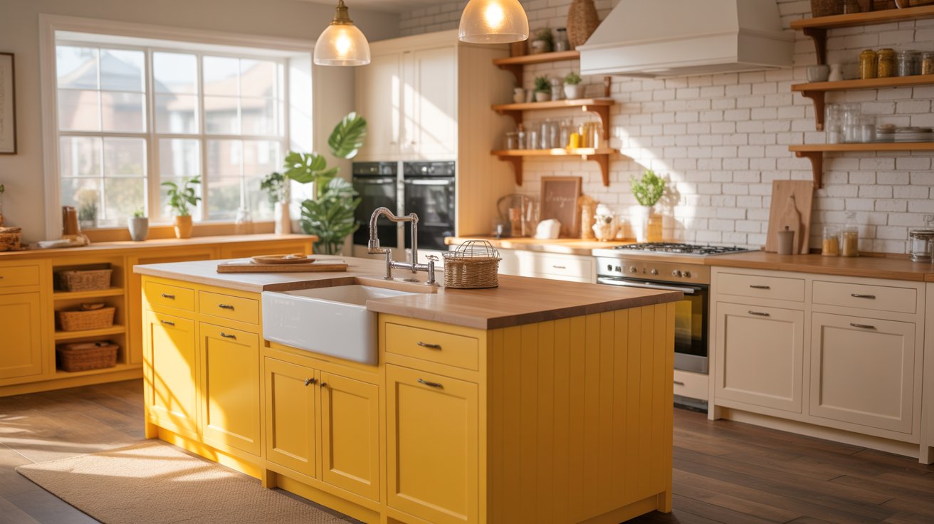 Yellow Painted Kitchen Island with Farmhouse Sink