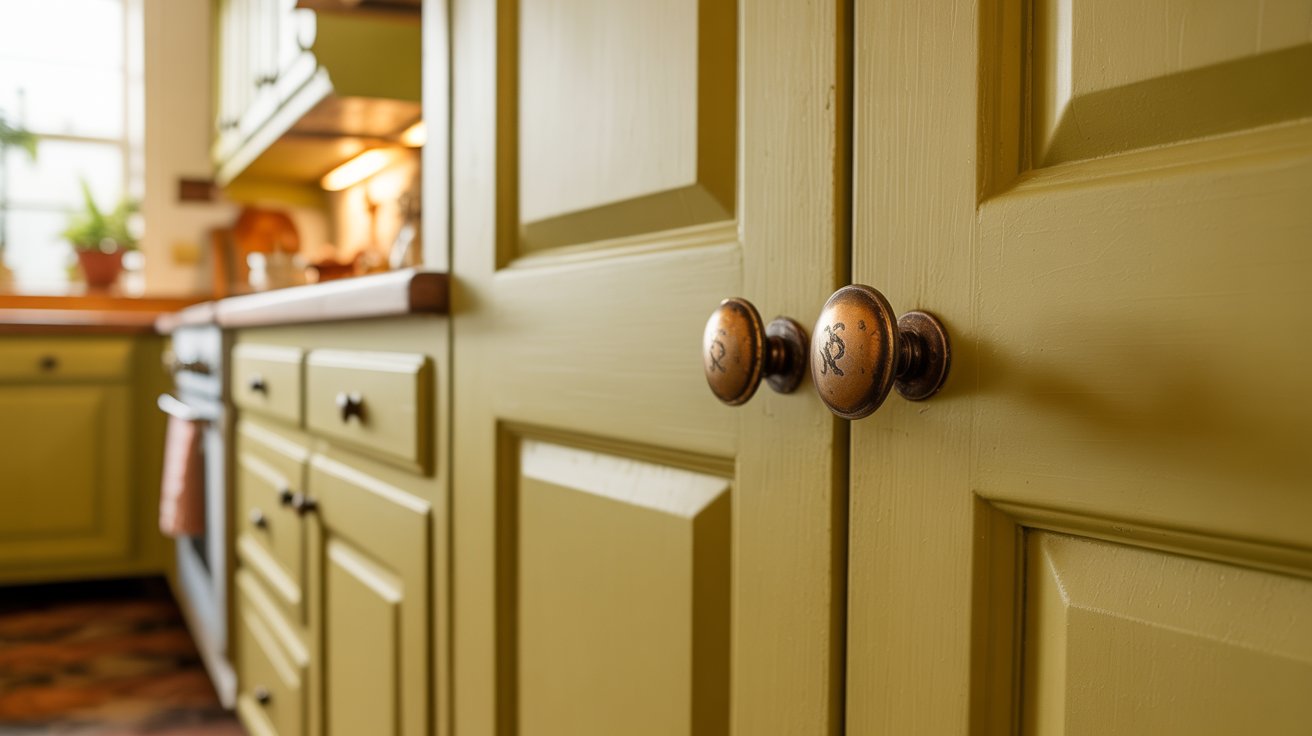 Yellow Painted Pantry Doors with Antique Knobs