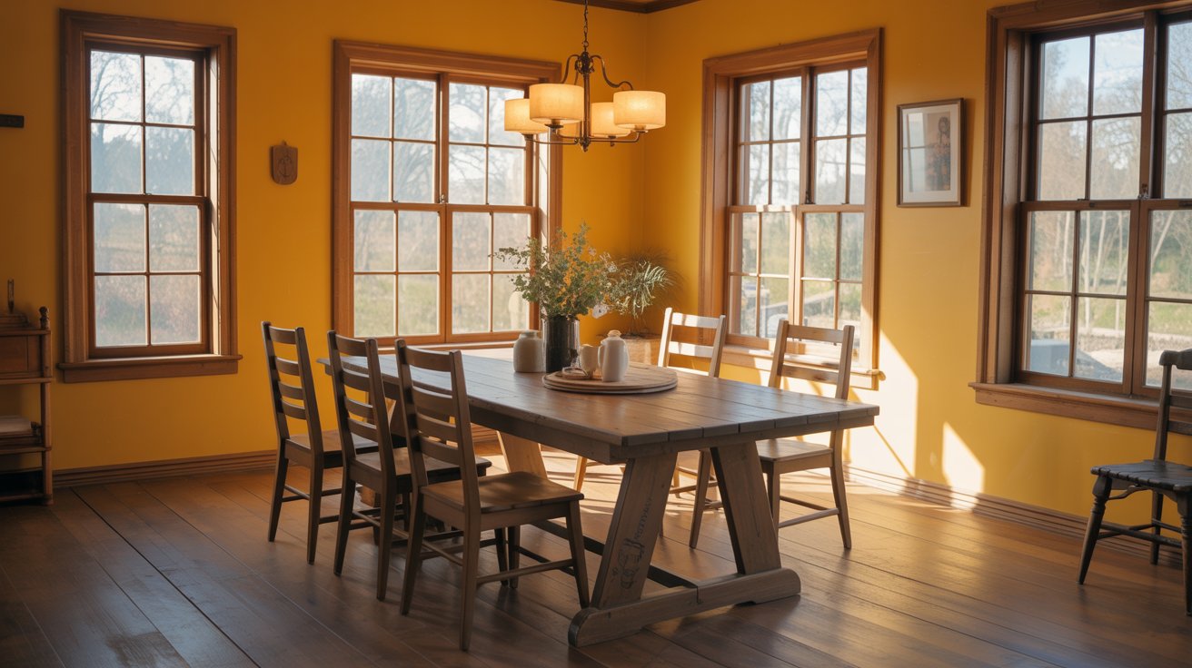 Yellow Walls with Wooden Farmhouse Dining Table