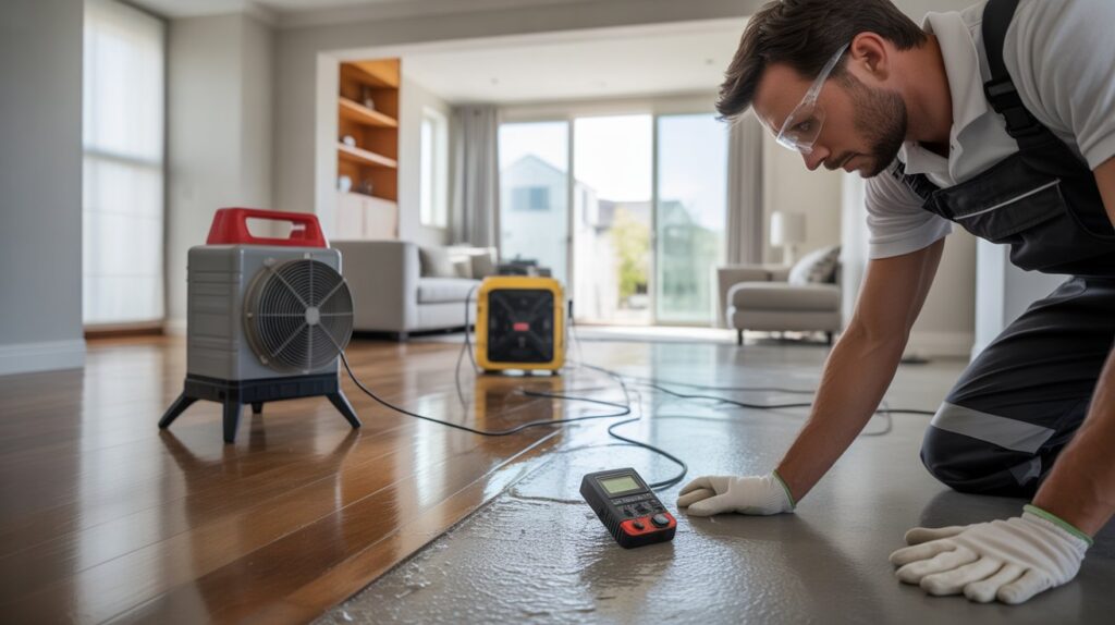 Professional Water Damage Restoration Company A man in a black shirt and overalls measures floor temperature with a meter, focused on his task.