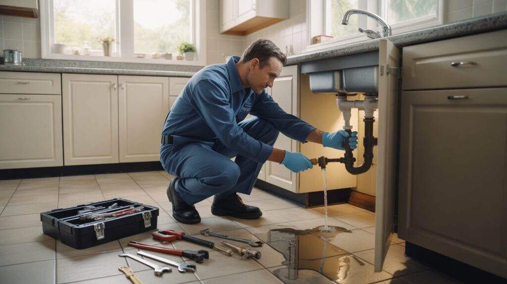 A plumber repairs a kitchen sink, using tools and focused on fixing plumbing issues.