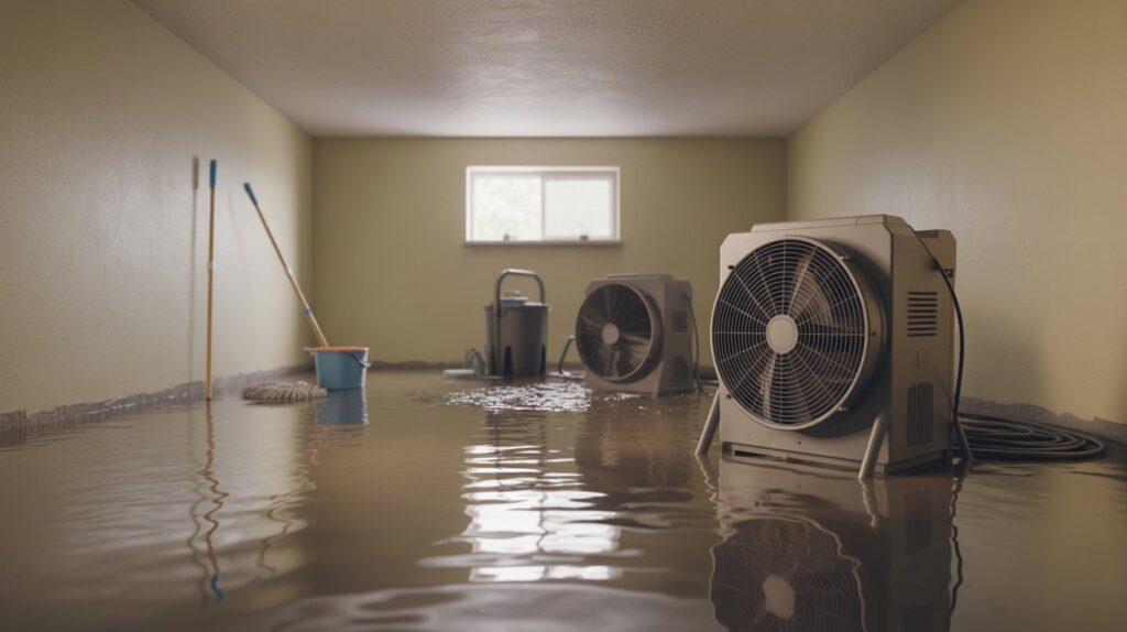 Water damage restoration service in Maryland, showcasing equipment and professionals addressing water-related issues.