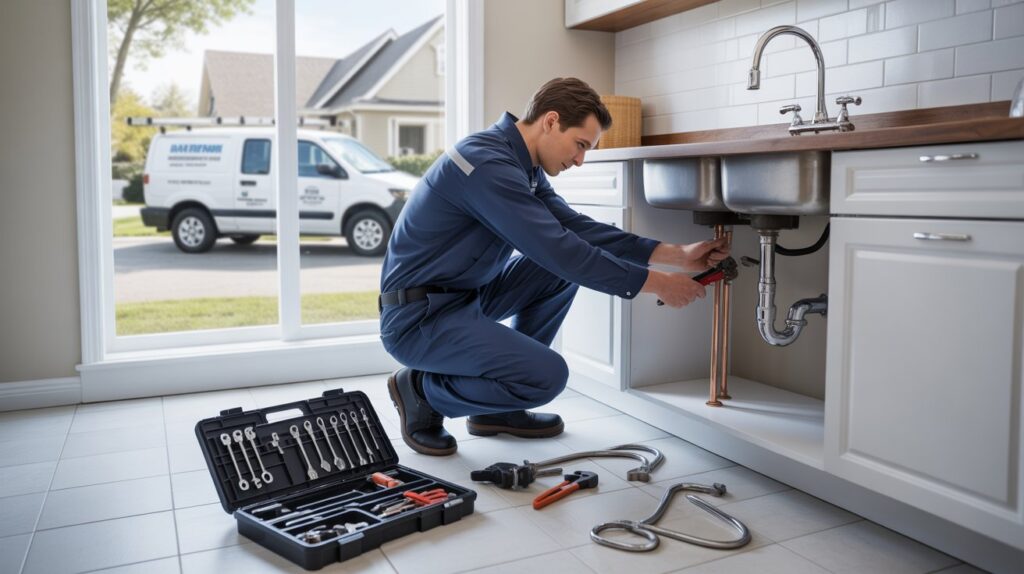 A plumber in a blue uniform repairs a kitchen sink pipe, surrounded by tools. Sunlight streams through a nearby window, with a plumbing van outside.
