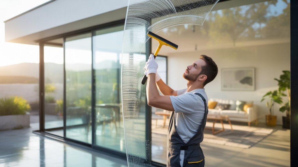 A man in overalls cleans a large glass door with a squeegee on a sunny day. Modern interior can be seen through the glass, creating a fresh atmosphere.