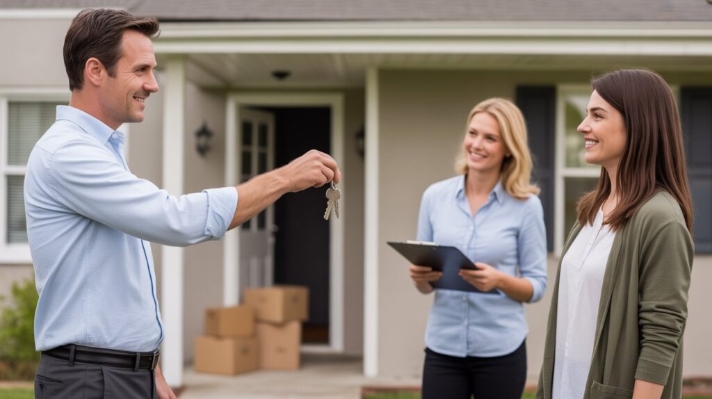 A man hands house keys to a smiling woman in front of a home, with a realtor holding a clipboard nearby. Cardboard boxes are visible by the door.