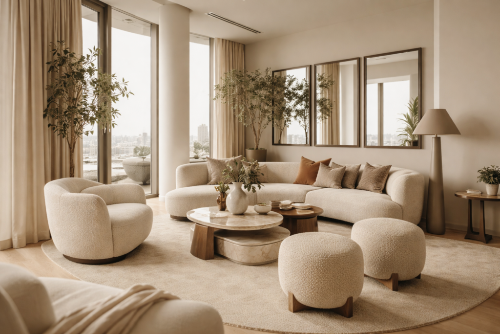Stylish living room with plush cream sofas, round coffee table, and ottomans. Floor-to-ceiling windows, large mirrors, plants, and warm lighting. Cozy ambiance.