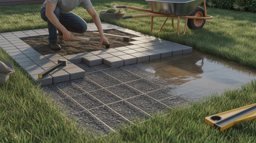 A man constructs a garden using bricks, carefully placing each piece to create a structured layout.