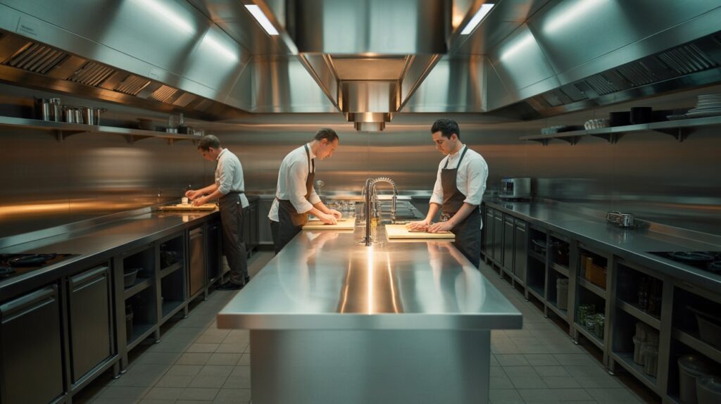 Engineering Efficiency: Stainless Steel Work Tables in Small Kitchen Design for Urban Restaurants wo chefs collaborate in a bustling commercial kitchen, preparing dishes with various ingredients and equipment around them.