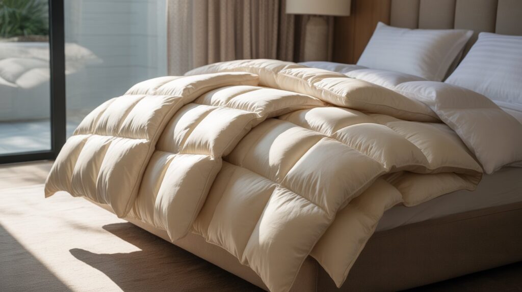 Warmy & Tummy Cozy365 vs Brooklinen vs Quince vs Parachute: Which All-Season Down Comforter Is the Smartest Buy in 2026? A neatly made bed featuring a white comforter and matching pillows, creating a clean and inviting appearance.