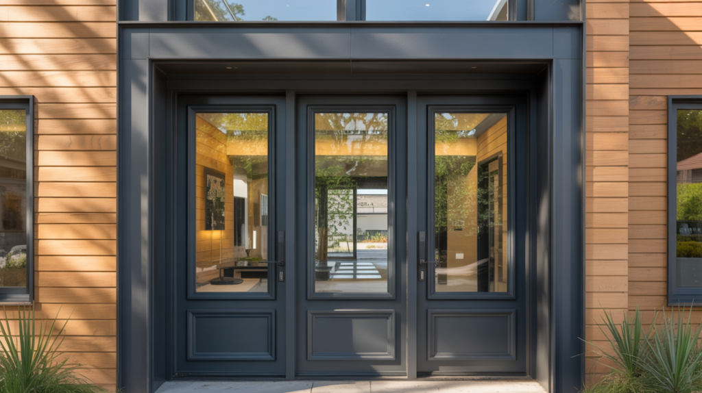 A contemporary home featuring a wooden exterior and large glass doors, blending modern design with natural elements.