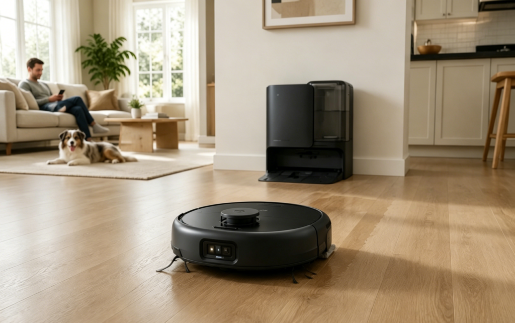 A robotic vacuum cleaner rests on the floor of a living room, surrounded by furniture and a cozy atmosphere.