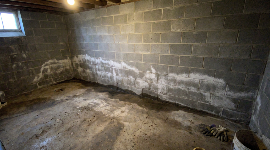 7 Early Warning Signs Your Basement Has a Water Problem (Before It Floods) White efflorescence staining on a concrete block basement wall.